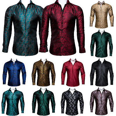 #ad Men Silk Shirt Button Dress Shirts Paisley Long Sleeve Shirts Formal Work Casual $26.99