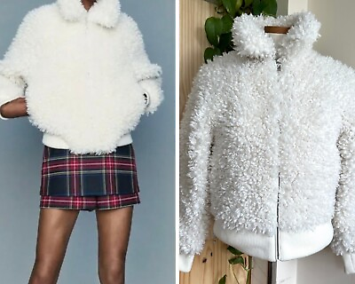 #ad Maje Faux Fur Blanche Jacket 36 S Shearling Sherpa Looped Full Zip Lined White $99.99