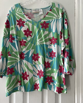 #ad Alfred Dunner Women#x27;s Plus Size 2X Colorful Floral Tropical Stretchy Shirt Top $16.00