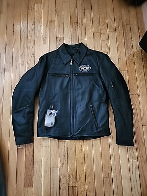 #ad Victory Polaris Motorcycle Black Leather Jacket Victory Patch Men#x27;s Size Medium $209.99