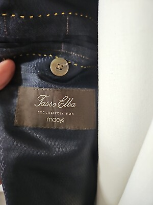 #ad Tasso Elba Mens Jacket Suit Coat 2 Button Navy Window Pane Silkamp;Wool 46R $125.00