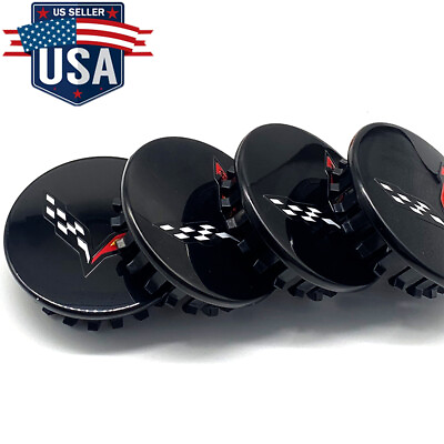 #ad Set of 4 Wheel Center Caps Gloss Black For Chevy Corvette C7 C6 Cross Flag 68mm $18.99