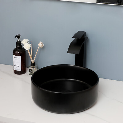 #ad Ceramic Bathroom Vessel Sink Round Black Washing Deck Mounted Bowl Tap Dain Set $174.89