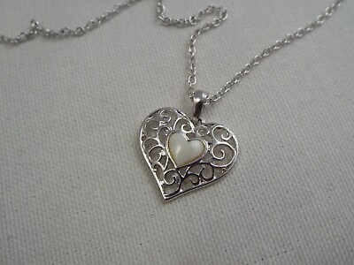 #ad Silvertone White Heart Pendant Necklace D58 $5.73