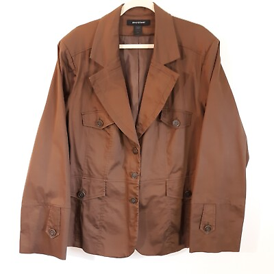 #ad Ashley Stewart Cargo Jacket Plus Sz 22 Brown Cotton Spandex Stretch Button Front $18.95