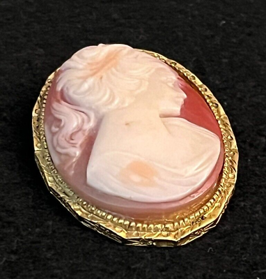 #ad Vintage Pink Cameo with Right Facing Women in Scalloped Gold Bezel Frame $19.00