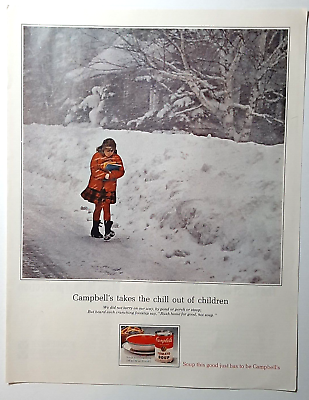 #ad 1964 Campbell#x27;s Vintage Print Ad Soup Tomato Girl Walk Home School Snow Winter $10.84