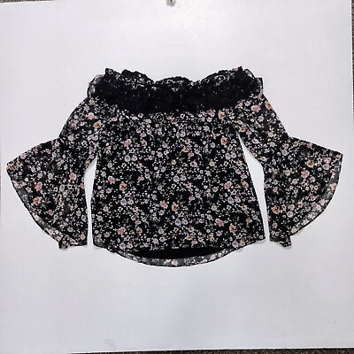 #ad White House Black Market Black Floral Crochet Chiffon Blouse 3 4 Sleeve Large $19.99