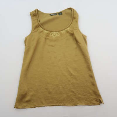 #ad Eddie Bauer Satin Sleeveless Blouse Size Medium Dark Greenish Gold Tank Work $9.99