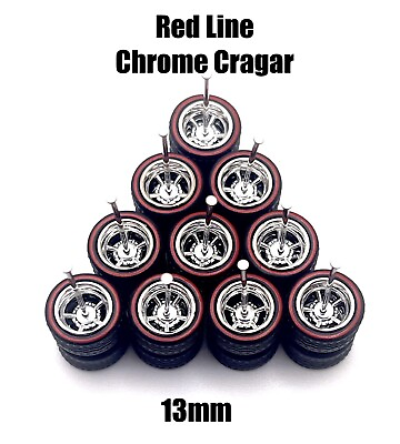 #ad 5x Red Line Chrome Cragar 13 13mm Wheels w Rubber Tires for 1 64 H0T Wheelz $200.00