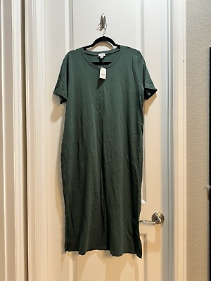 #ad NWT J Crew Green Maxi T Shirt dress Side Slit Large Cotton Armpit To Armpit 21” $34.00