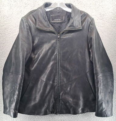 #ad VINTAGE Jones New York Leather Jacket Womens Large Black Full Zip Pockets Lined $24.98
