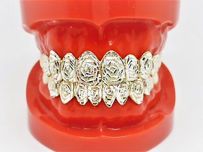 #ad 925 Silver w 18K Yellow Gold Plated Rose Dust Cut Custom Fit Real Grill Grillz $324.00