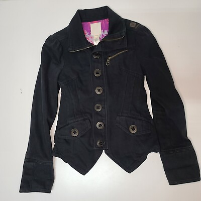 #ad Diesel Black Denim Jacket Y2K Women#x27;s Medium Metal Buttons Zipper Puff Sleeves $49.97