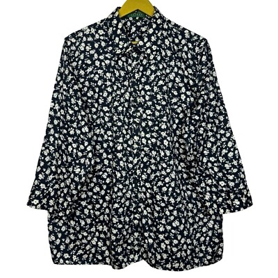 #ad Lauren Ralph Lauren Shirt Women Plus 2X Black White Floral Button Up Half Sleeve $21.95