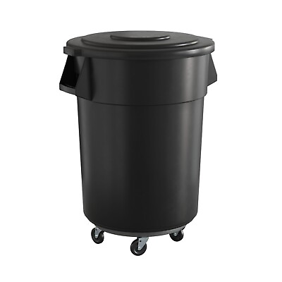 #ad Commercial Round Plastic Trash Can with Lid and Dolly 55 Gallon Black $239.99