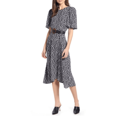 #ad SOMETHING NAVY Strong Shoulder Floral Print Midi Dress $64.00