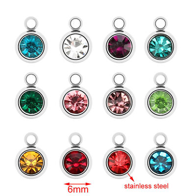 #ad 50pcs Silver tone 12 colors Stainless Steel Birthstone Crystal Charms 6mm $9.90