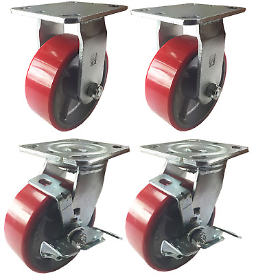 #ad #ad 4 Heavy Duty Caster Set 4quot; 5quot; 6quot; Polyurethane on Cast Iron Wheels No Mark Red $83.80