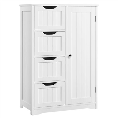#ad Bathroom Floor Cabinet Wood Free Standing Storage Organizer w 4 Drawers White $75.99