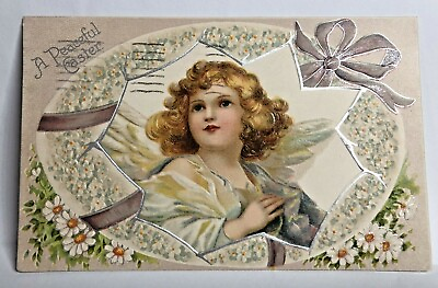 #ad C.1909 Beautiful Portrait Angel Inside Large Easter Egg Bow Postcard $5.79