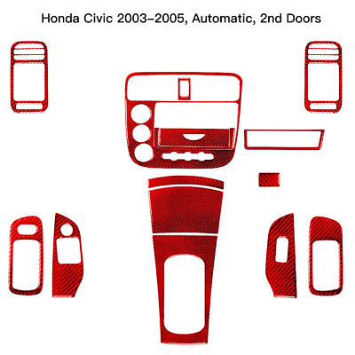 #ad 14Pcs Red Carbon Fiber Interior Full Kit Cover Trim For Honda Civic 2 Door 03 05 $140.95