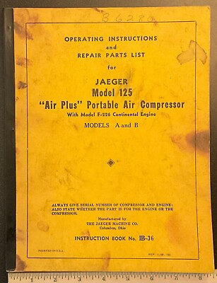 #ad JAEGER Model 125 Air Plus Portable Air Compresssor Operators Manual ORIGINAL $38.45
