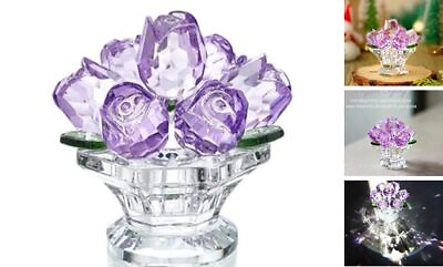 #ad Handcraft Crystal Rose Flower Figurine with Crystal Base Glass Rose Purple $33.17