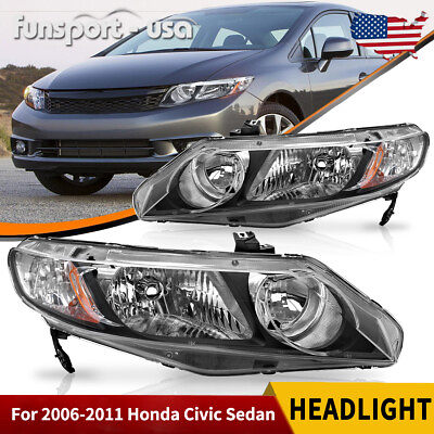 #ad Headlights Assembly for 2006 2011 Honda Civic Sedan 4Dr Black Headlamps Pair Set $65.99