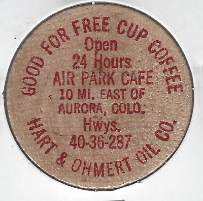 #ad AIR PARK CAFE Aurora Colorado Free Cup Coffee Token Buffalo Wooden Nickel $7.55