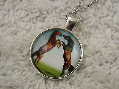 #ad Silvertone Glass Cabochon Rearing Fighting HORSES Pendant Necklace B15 $1.76