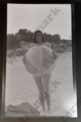 #ad 1940s beach scene woman with beach ball Vtg b w film NEGATIVE Wc $9.99