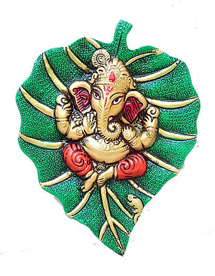 #ad Indian Traditional Lord Ganesha On Green Leaf Multicolor $19.44