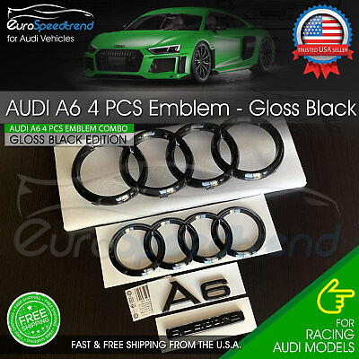 #ad Audi A6 Front Rear Rings Emblem Gloss Black Trunk Logo Quattro Badge Set OE 4PC $96.62