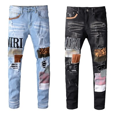 #ad Men#x27;s Ripped Embroidery Patchwork Stretch Ripped Leopard Skinny Fit Denim Jeans $58.48