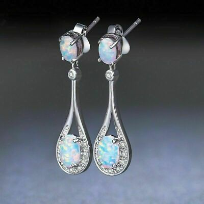 #ad 925 Sterling Silver Fire Opal Dangle Drop Women Fashion Jewelry Stud Earrings $15.74