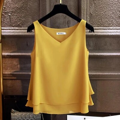 #ad Women#x27;s Blouse Tops Summer Sleeveless Chiffon Shirt Solid V neck Casual Blouse $27.63