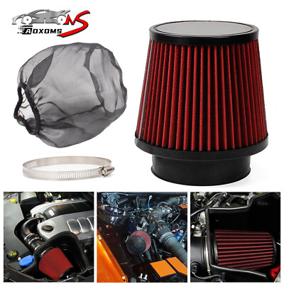 Red 4quot; 100mm Inlet Car Truck Air Intake Cone Dry Air Filter w Filter Sock Cover $21.19