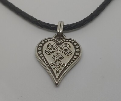 #ad Brighton Heart Silver Tone Pendant Black Leather Rope 16quot; 18quot; Necklace $25.00