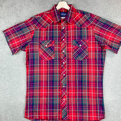 #ad Wrangler Western Shirt Men Large Tall Red Plaid Pearl Snap Cowboy Casual Rancher $16.64