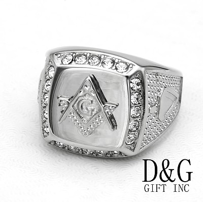 #ad DG Men#x27;s Stainless SteelMasonic Cubic Zirconia Ring Size 8 9 13 High Polish BOX $15.99