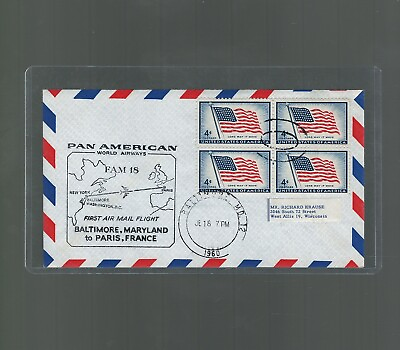 #ad US First Flight Cover Pan Am Baltimore to Paris 1960 US Scott 1094 Old Glory $3.00