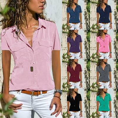 #ad #ad Womens Short Sleeve Casual T Shirt Tops Ladies Work OL Button Blouse Tee Size $14.07
