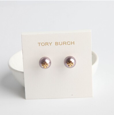 #ad 🆕 AUTHENTIC TORY BURCH CRYSTAL PEARL STUD EARRINGS PURPLE NEW W POUCH $51.92