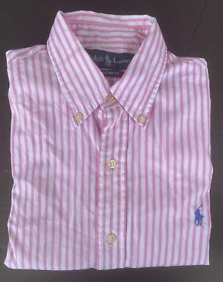 #ad Ralph Lauren Button Front Shirt Men#x27;s Small Custom Fit Pink Stripe 100% Cotton $16.00