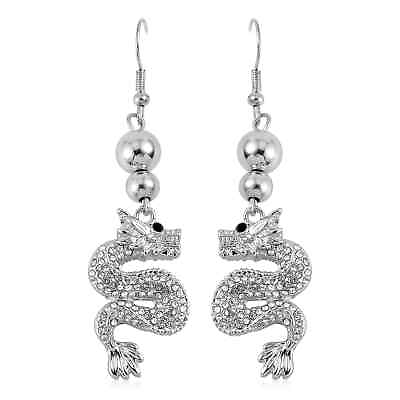 #ad Silvertone White Black Crystal Dragon Dangle Drop Earrings Jewelry for Women $15.98