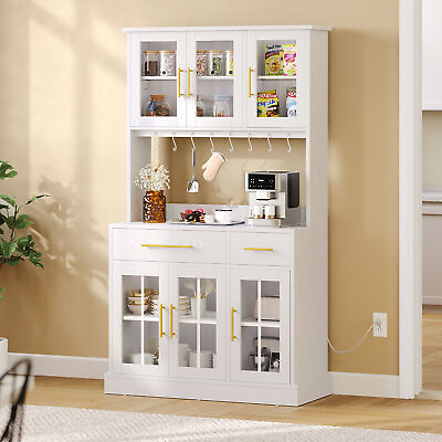 #ad 71#x27;#x27; Kitchen Pantry Hutch Storage Cabinet Cupboard with Glass Doors amp; Drawers $205.78
