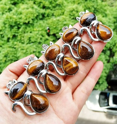 #ad 5pcs lot Natural Tiger Eye Stone Cat Pendants Necklace for Jewelry Making $17.99