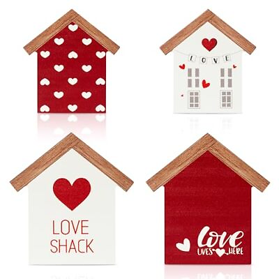 #ad 4PCS Valentine House Shaped Wooden Tiered Tray Sign Table Decor Happy $30.89