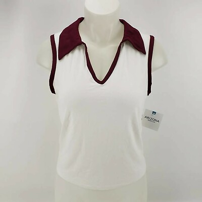 #ad NEW AriZona Medium Womens Blouse Sleeveless Spread Collar Stretch Top White Red $22.49